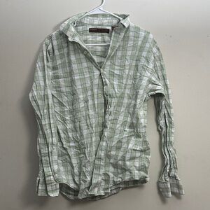Perry Ellis Green and White Checkered Men's Shirt